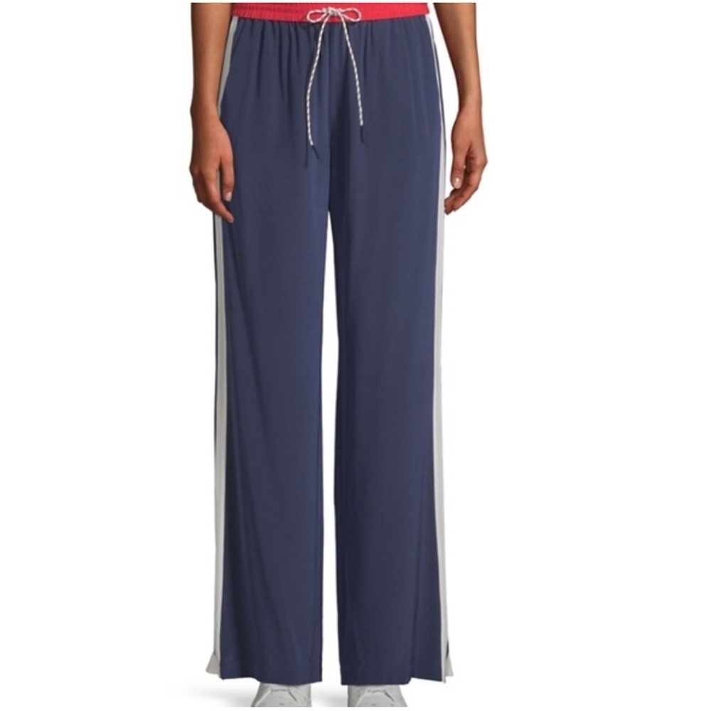 JOIE Perlyn 100% Silk Track Pants Navy Blue White‎ Stripe Red Sz M Casual Luxury